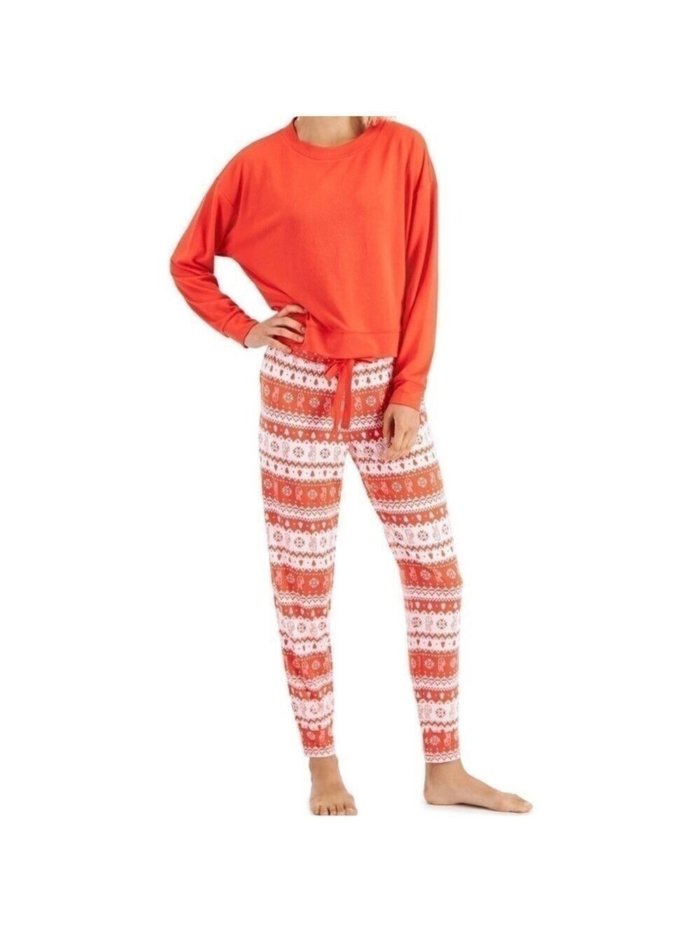 NEW-Jenni 2Pc Long Sleeve Mix It Papaya Punch Fairisle Packaged Pajama Set XS